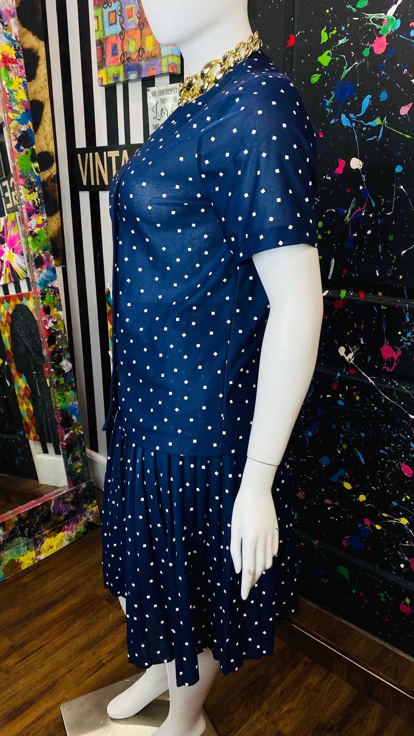 Vintage Navy Blue & White Pleated Skirt Set (14 1/2)
