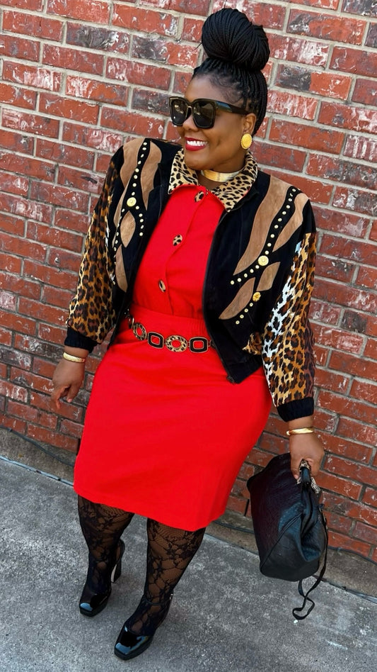 Vintage Genuine Suede Leather & Rayon Studded Animal Print Jacket (16/18)