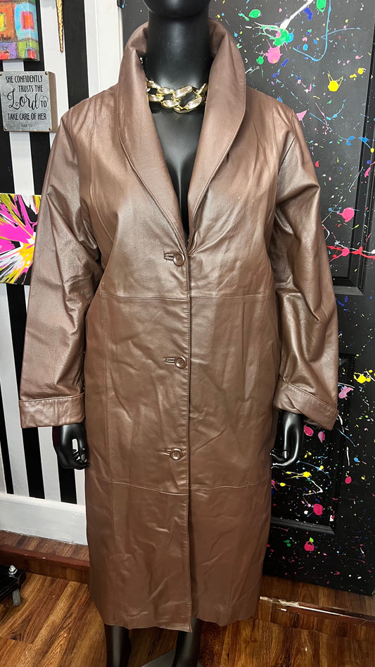 Vintage Chocolate Brown Genuine Leather Trench Coat (16)
