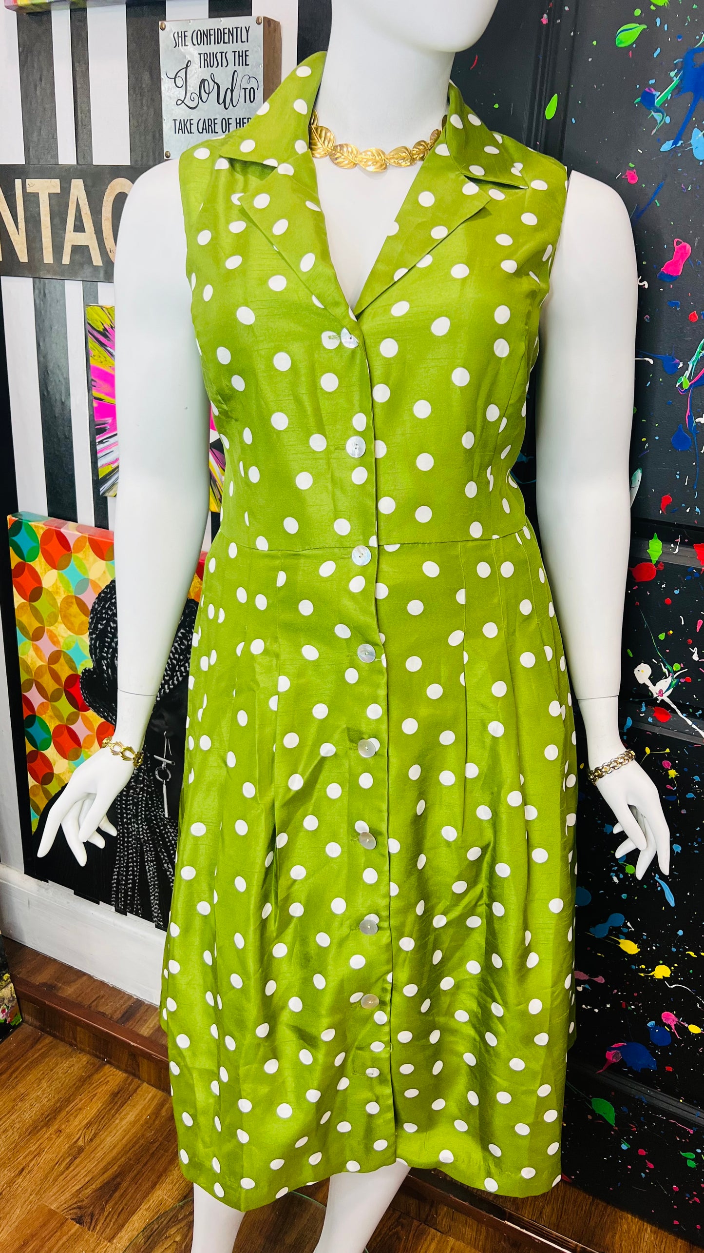 Vintage Y2K Green & White Polka Dot Dress (20W)