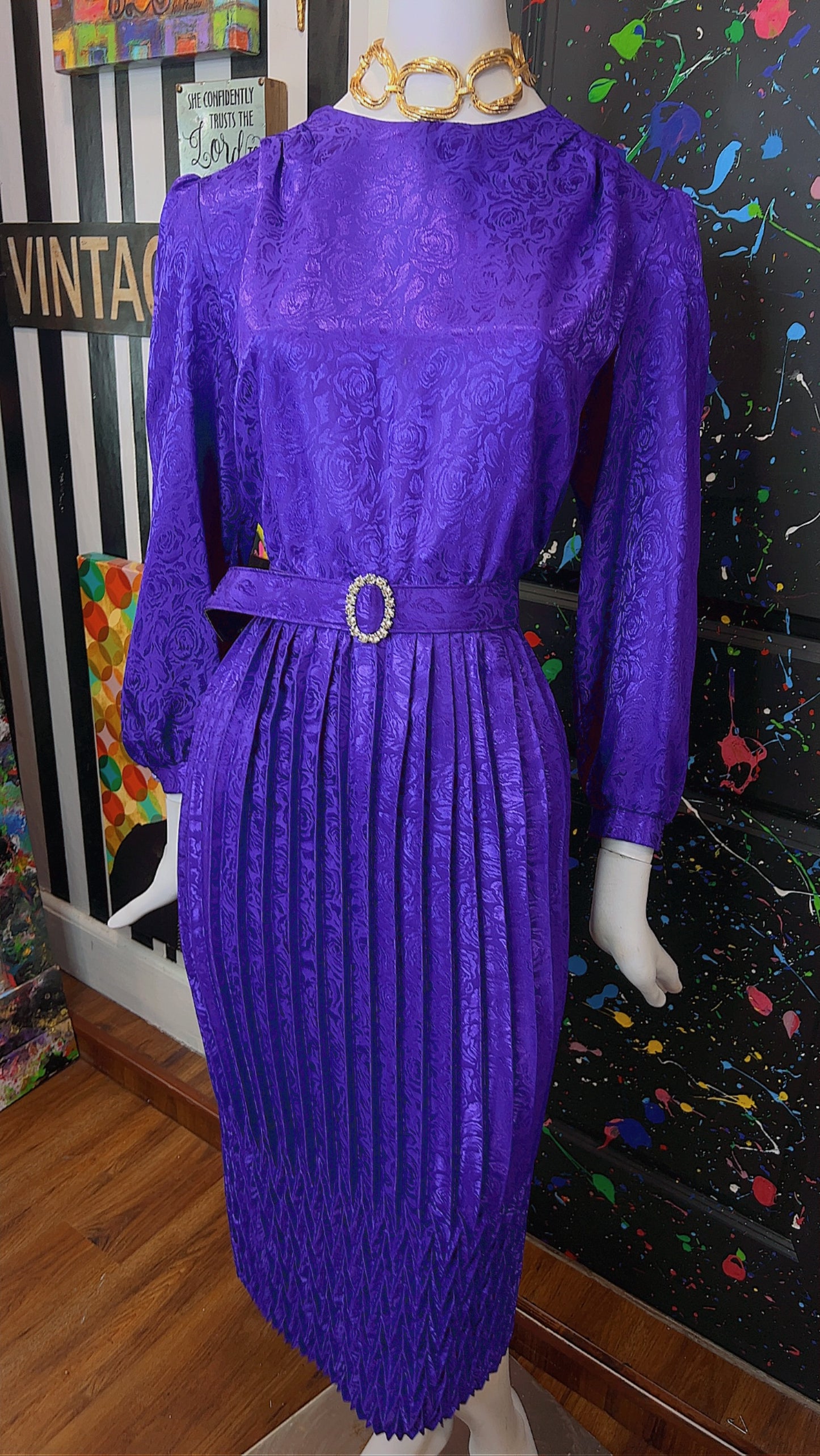 Vintage Purple Pleated Dress w/ Belt (16)
