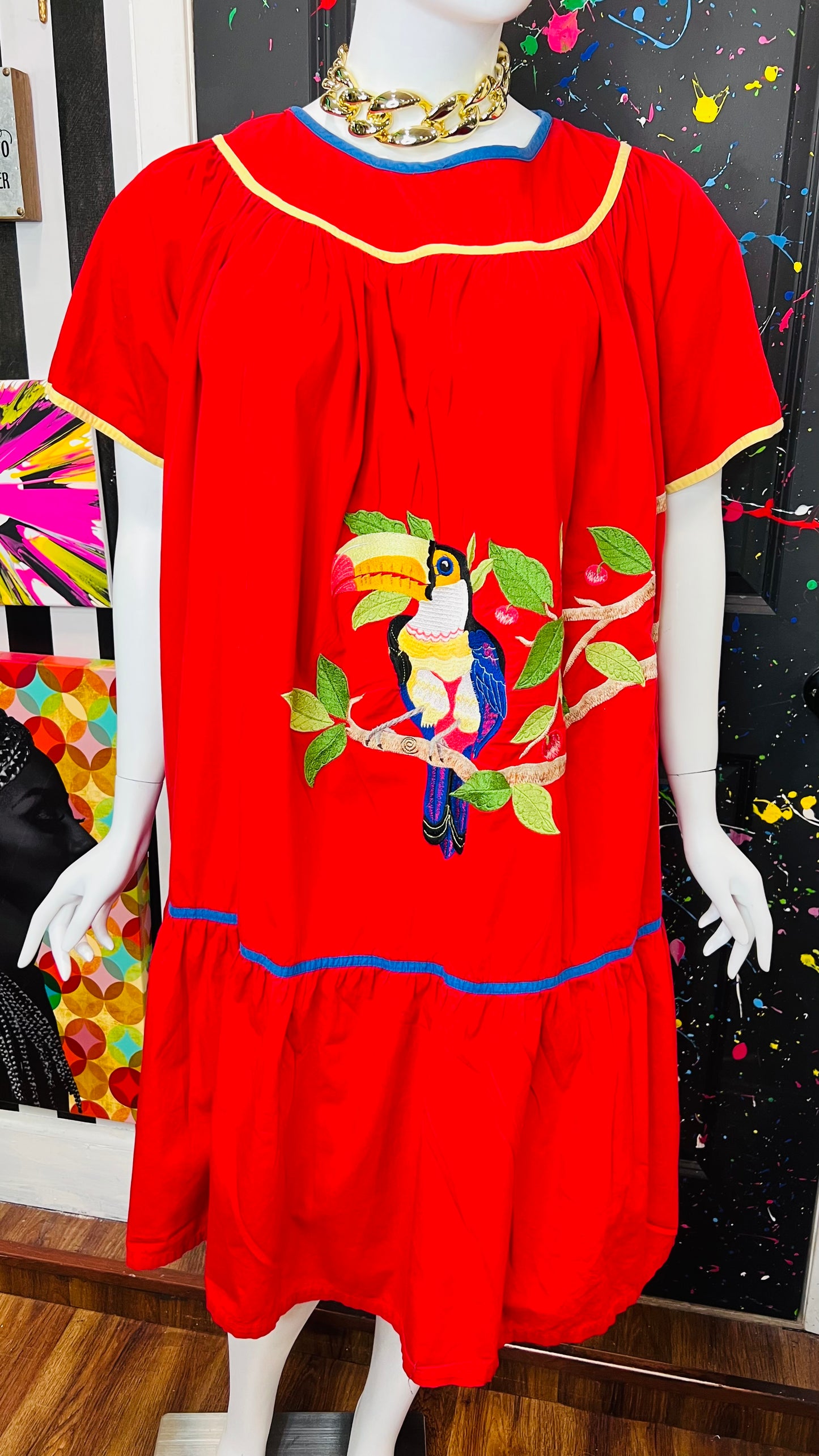 Vintage Cotton Red Parrot House Dress w/Pockets (22/24)