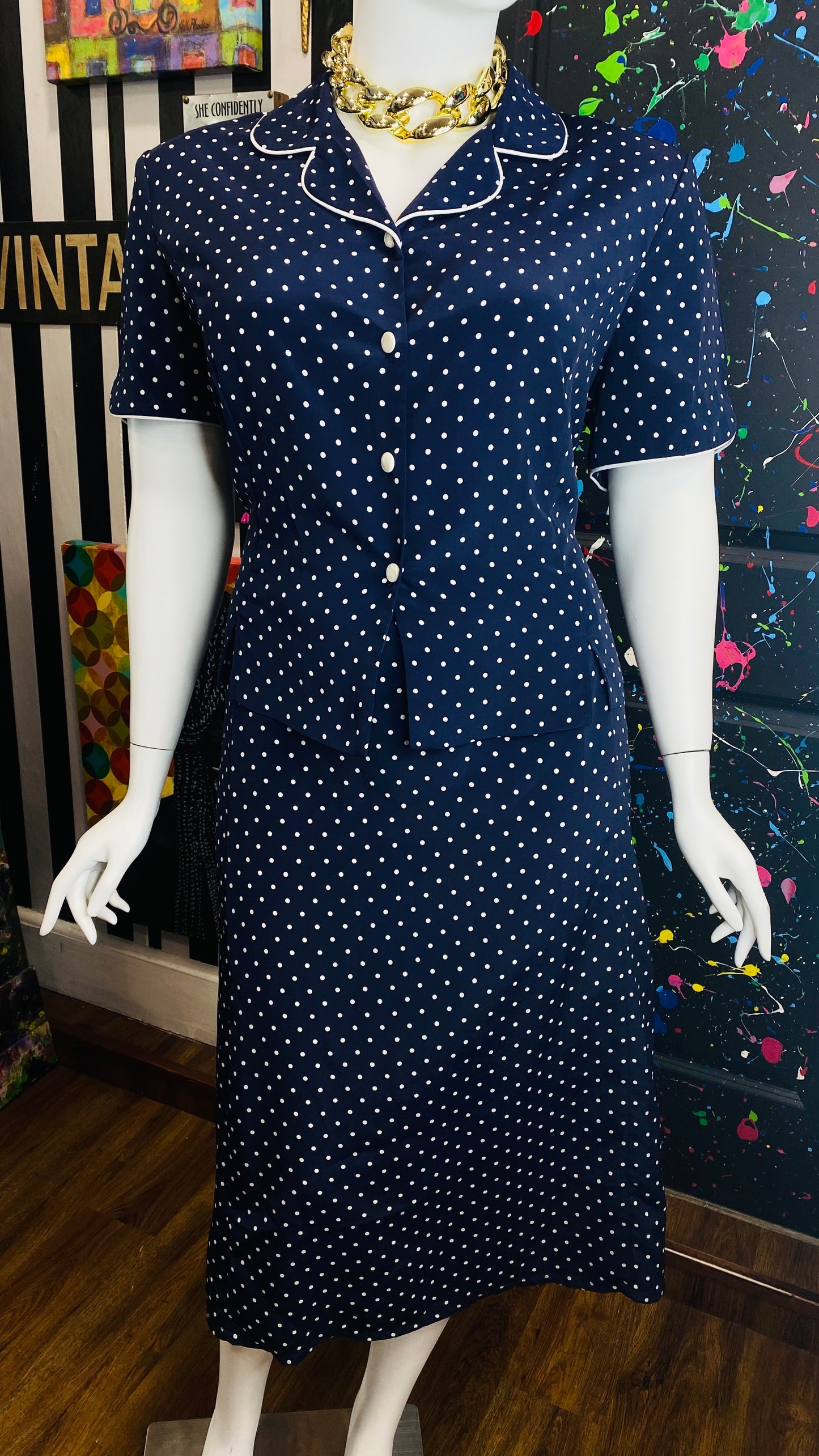 Vintage Navy Blue & White Polka Dot Skirt Set (22)