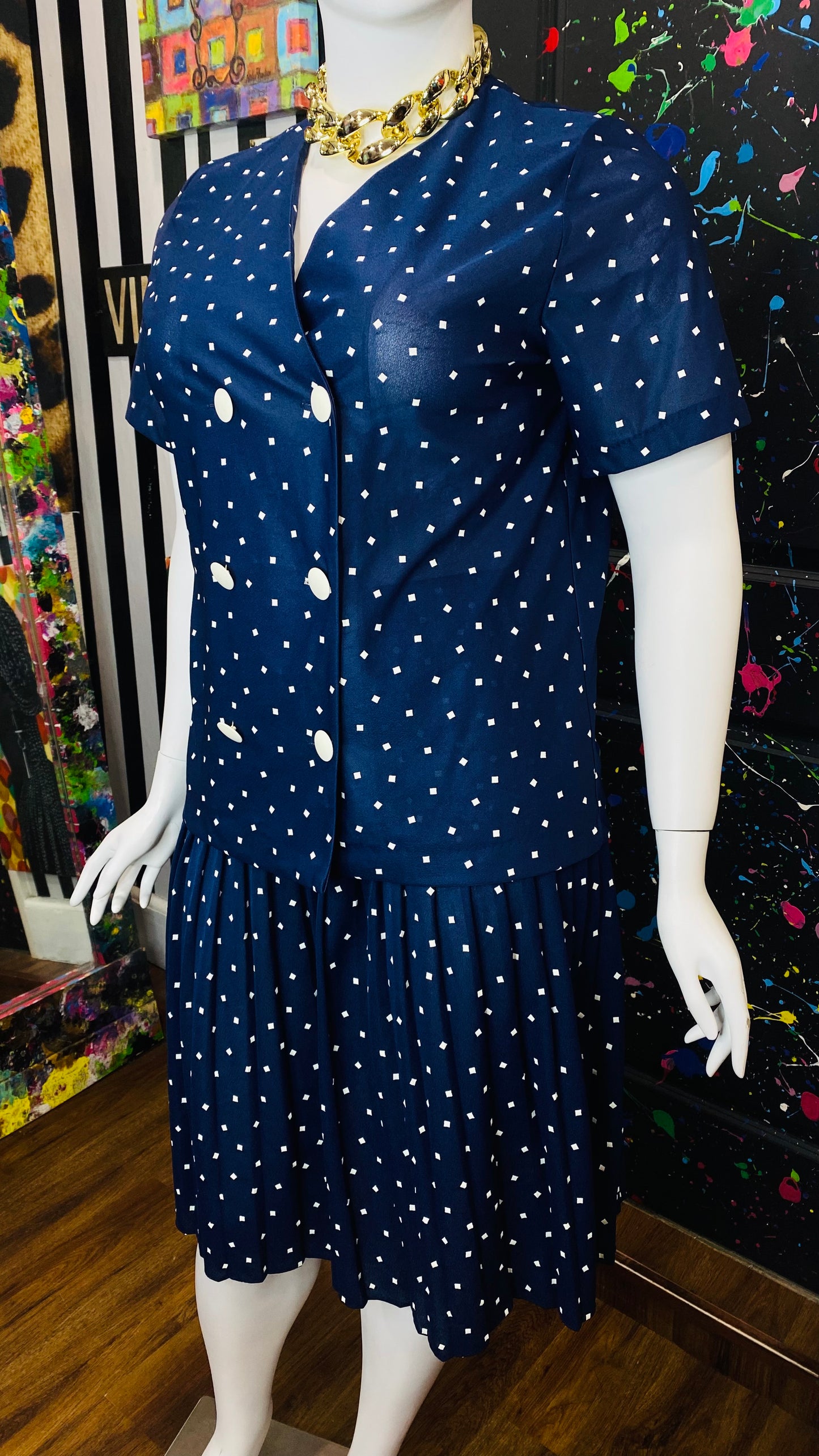 Vintage Navy Blue & White Pleated Skirt Set (14 1/2)