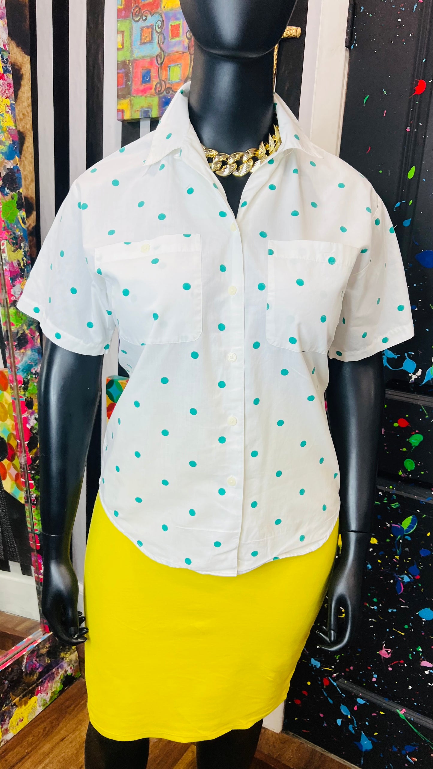 Vintage Teal & White Polka Dot Blouse (16)
