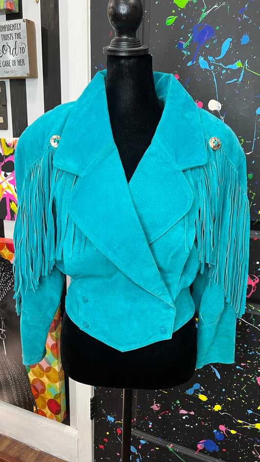 Vintage Teal Genuine Leather Fringe Cropped Jacket (12/14)