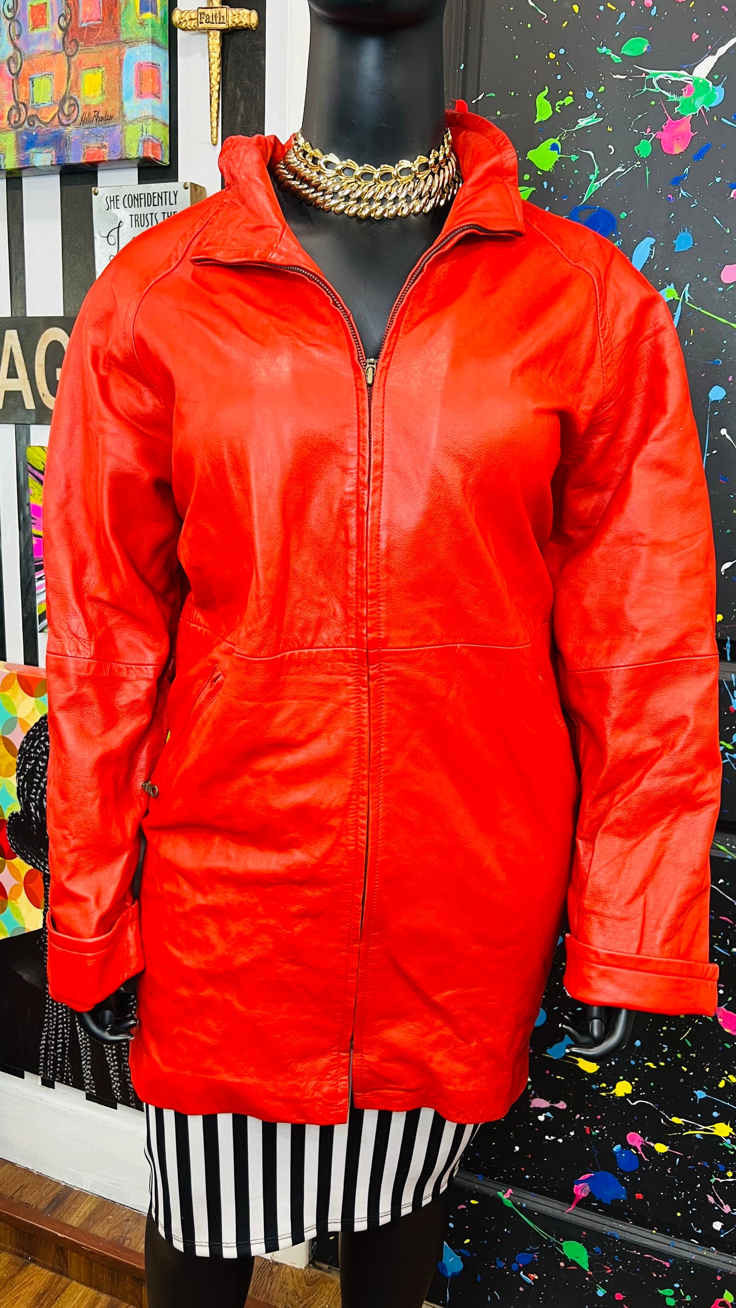 Vintage Genuine Leather Red Long Coat (18/20)