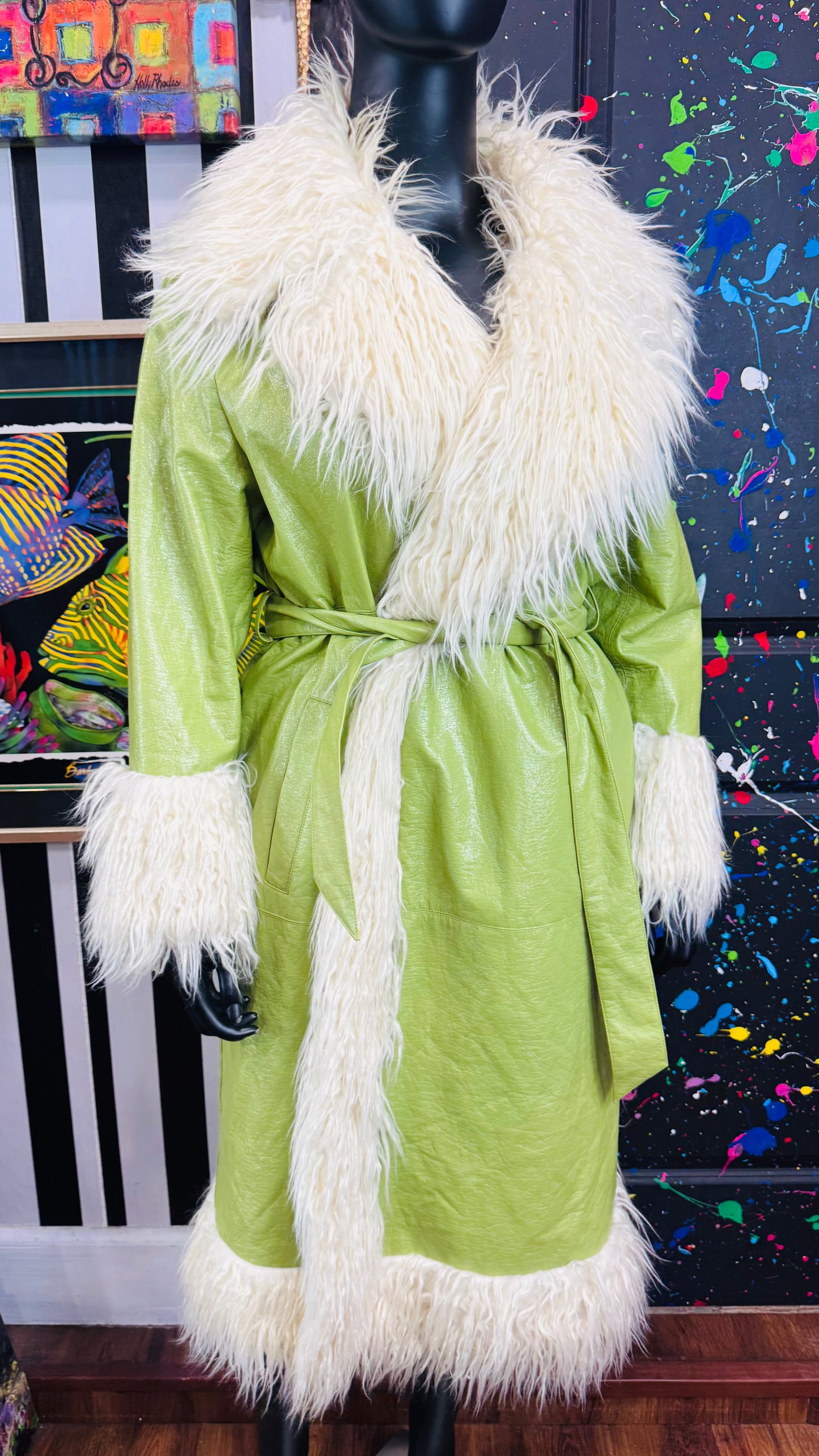 Green Faux Fur Accent Trench (14) Oversized*