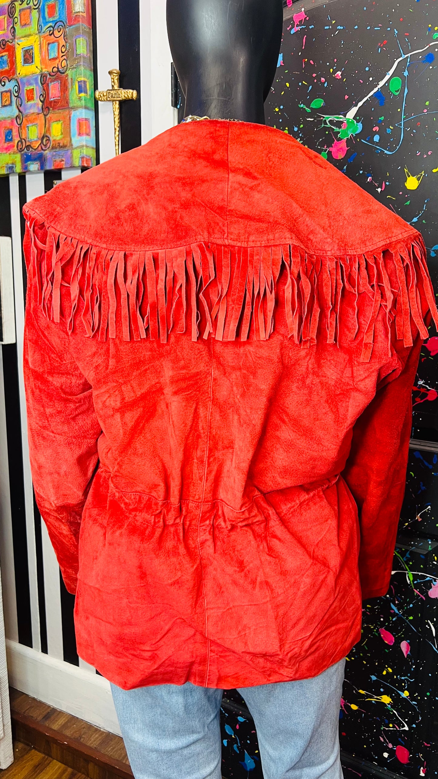 Vintage Red Suede Leather Fringe Coat (18)