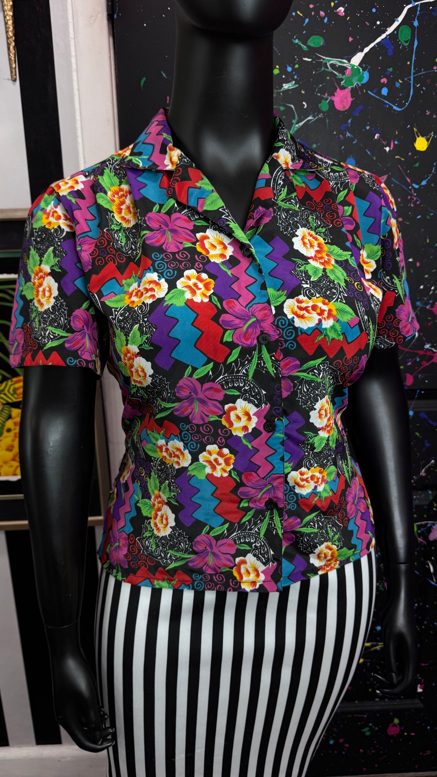 Vintage Floral Abstract Short Sleeve Blouse (14)