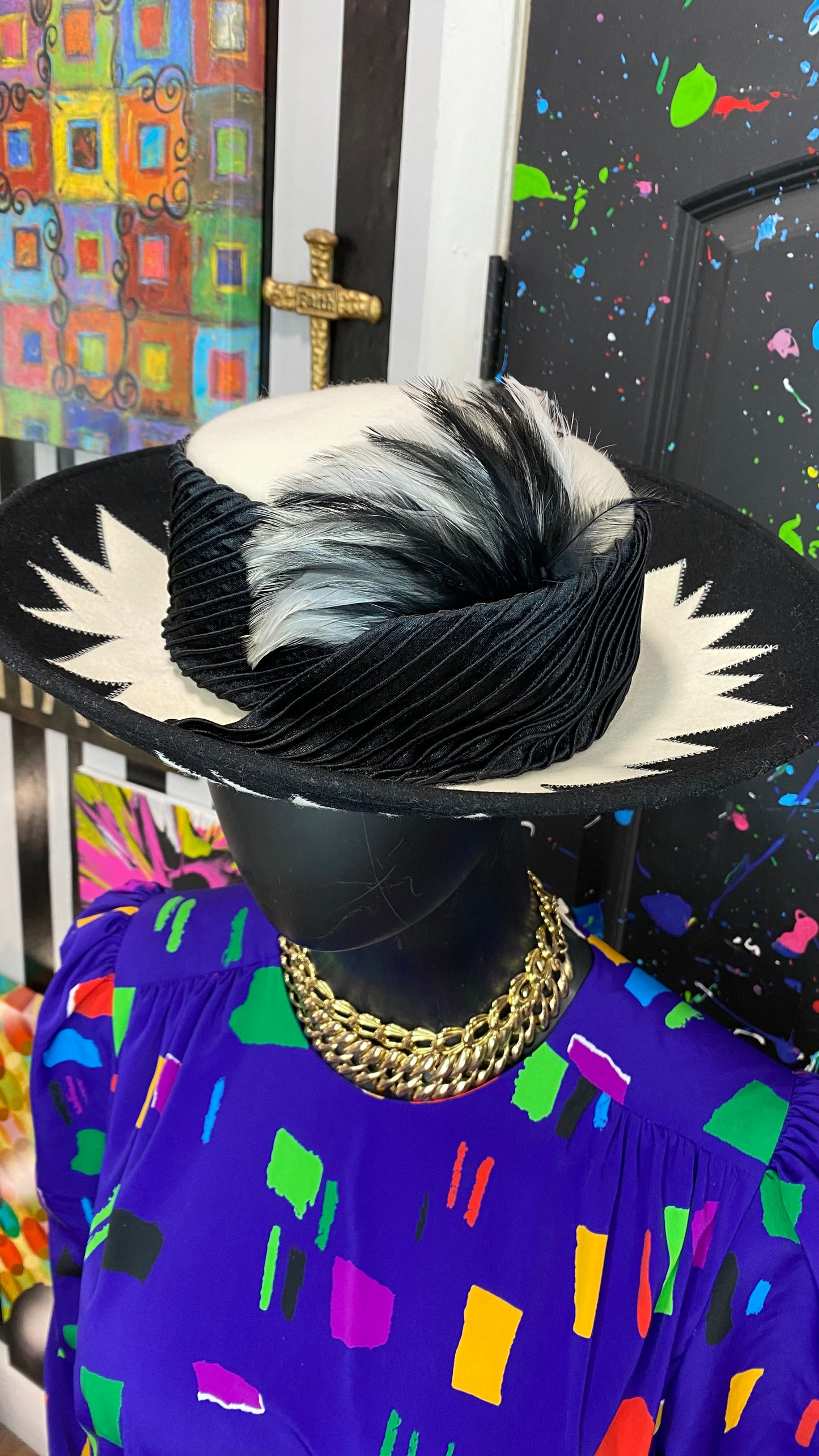 Vintage Black & White Wool Feather Hat