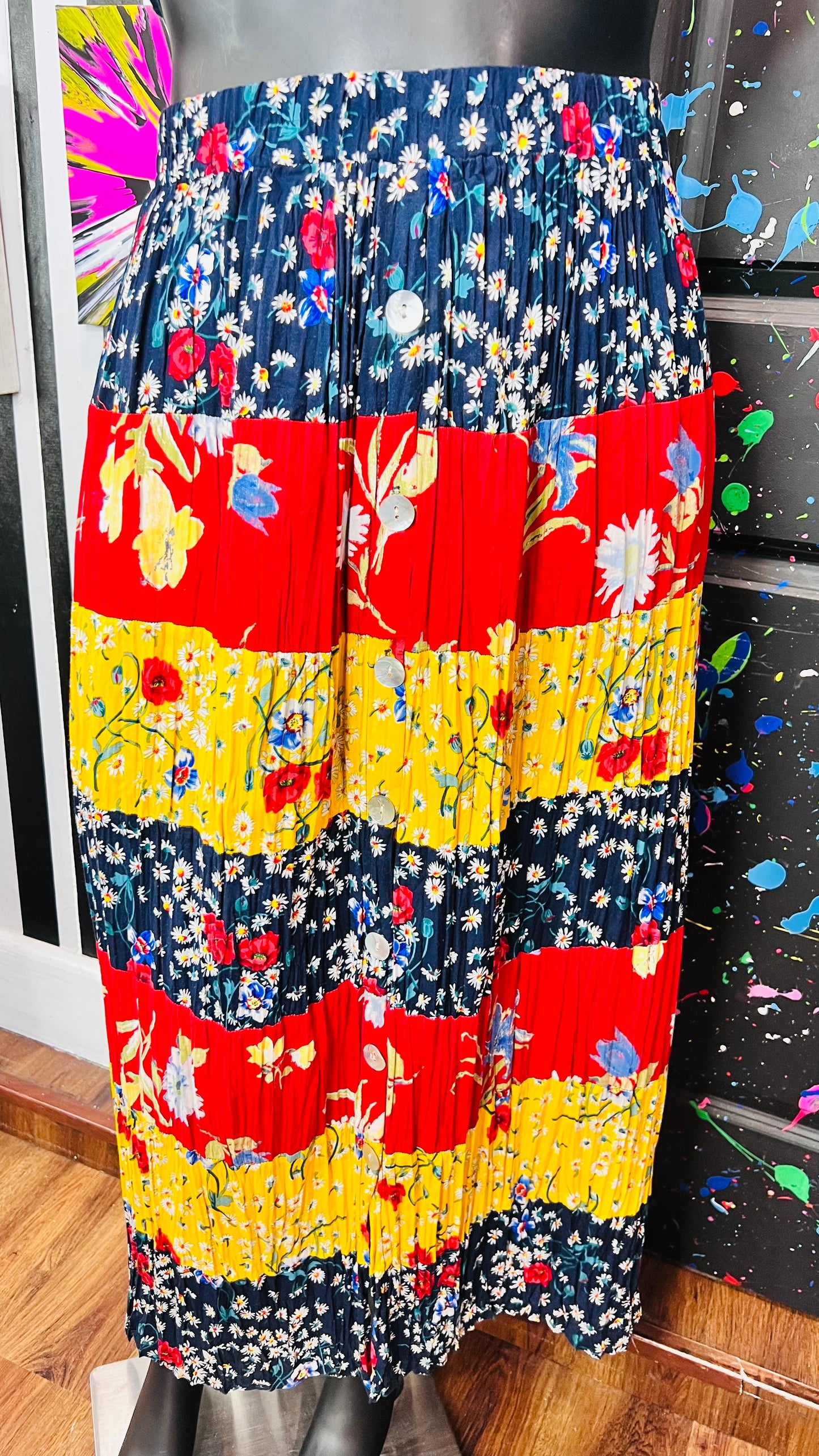 Vintage Rayon Patchwork Button Down Front Skirt (22/24)