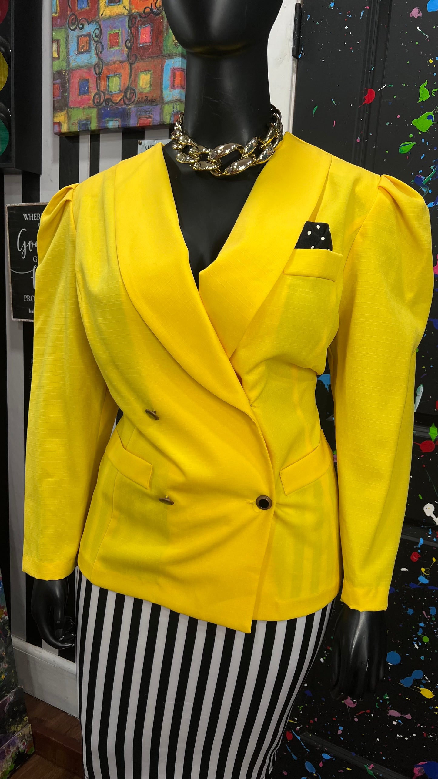 Vintage Yellow & Black & White Polka Dot Short Sleeve Blouse (22)