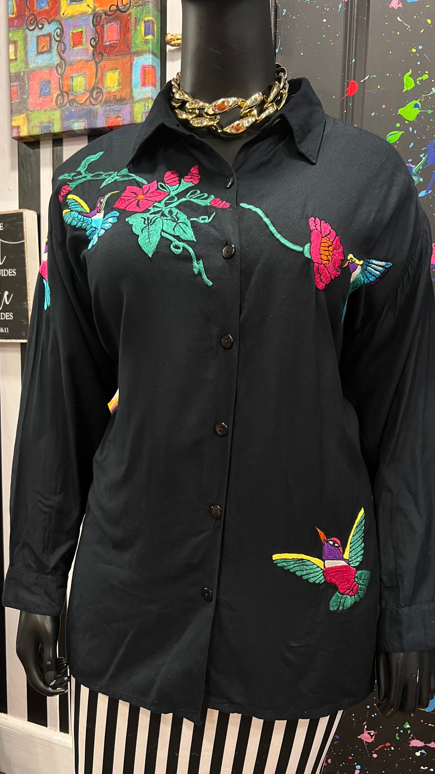 Vintage Rayon Colorful Birds Blouse (22)