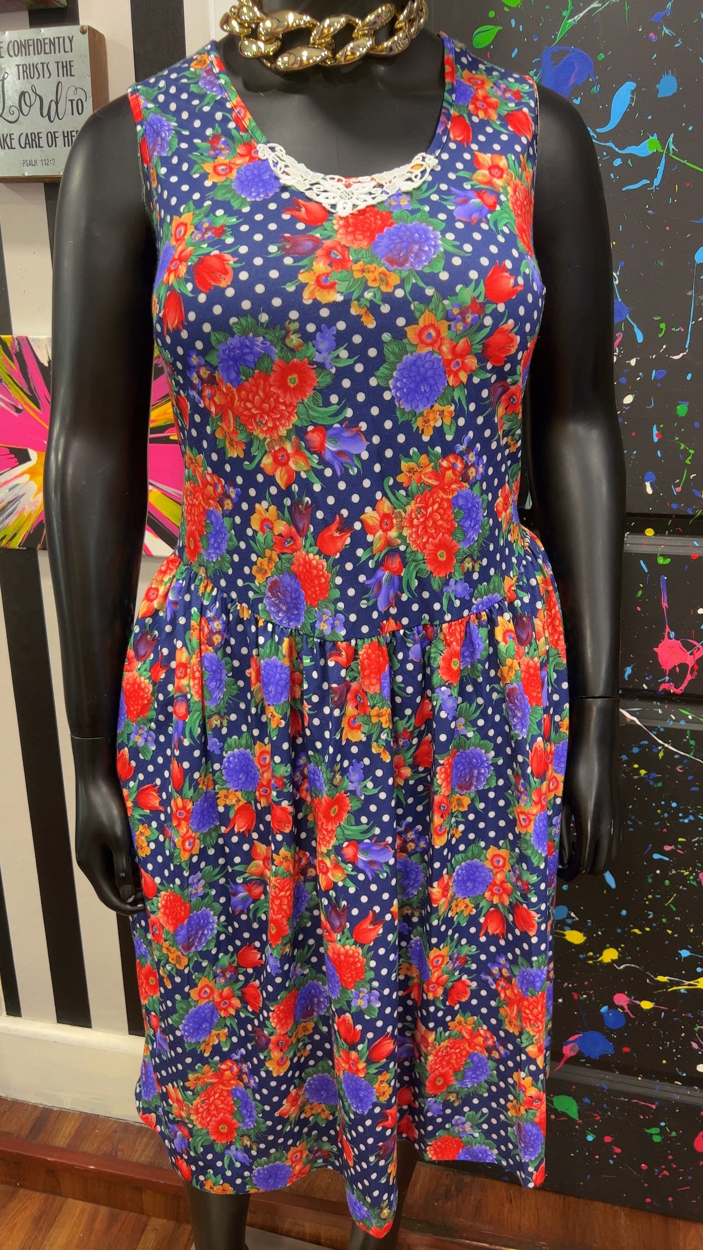 Vintage Polyester Polka Dot & Floral Dress (14)