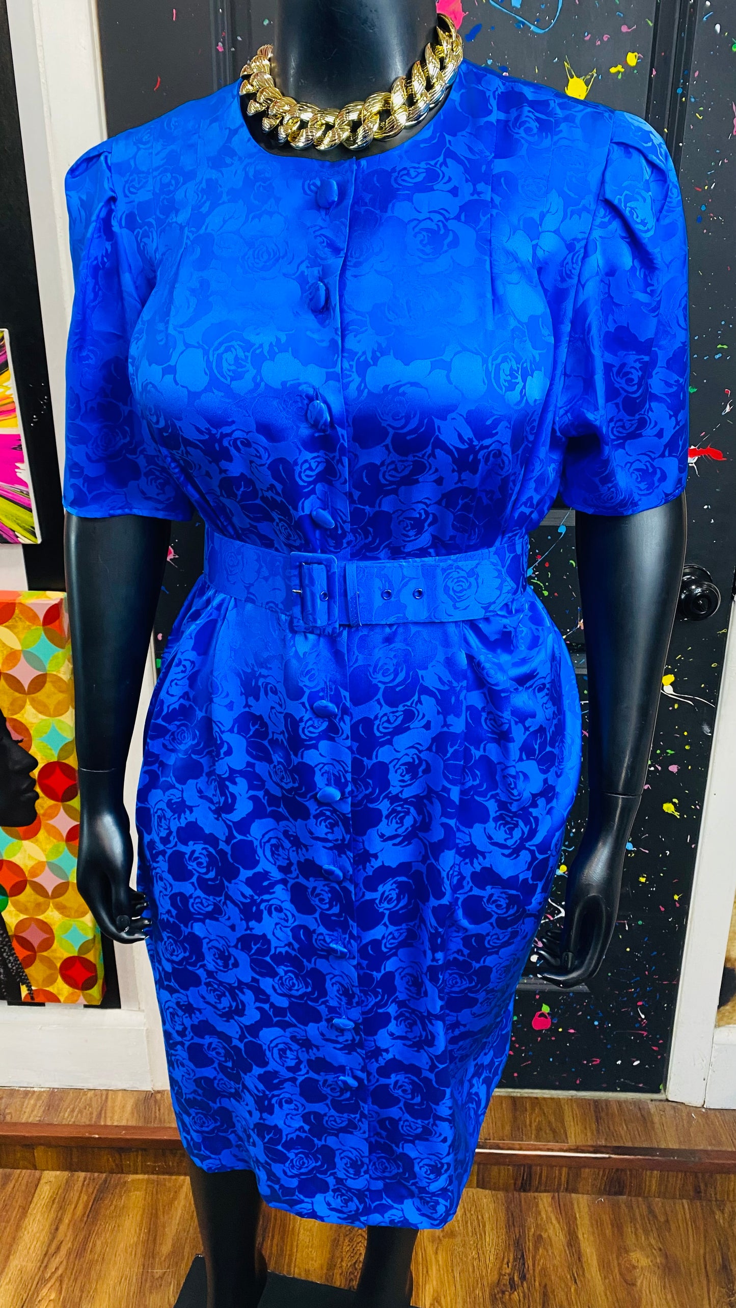 Vintage Blue 100% Silk Belted Dress (20)