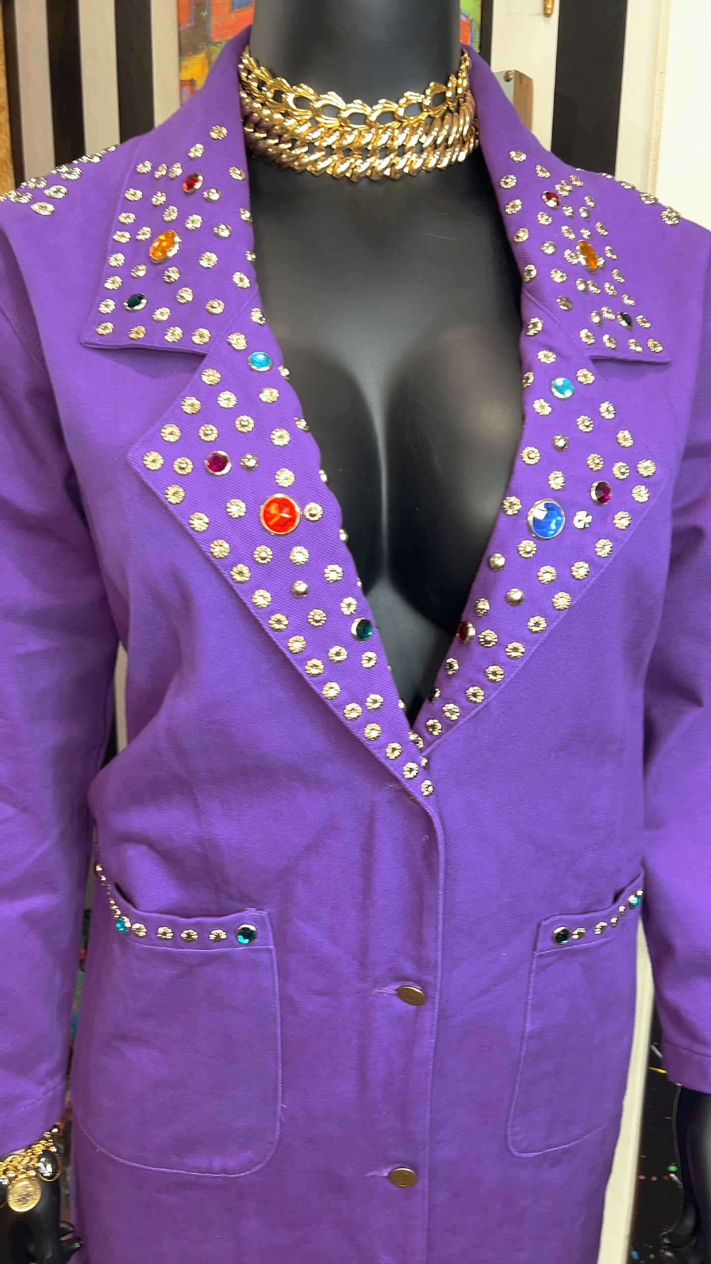 Vintage Purple Denim Jeweled Trench Coat (16)