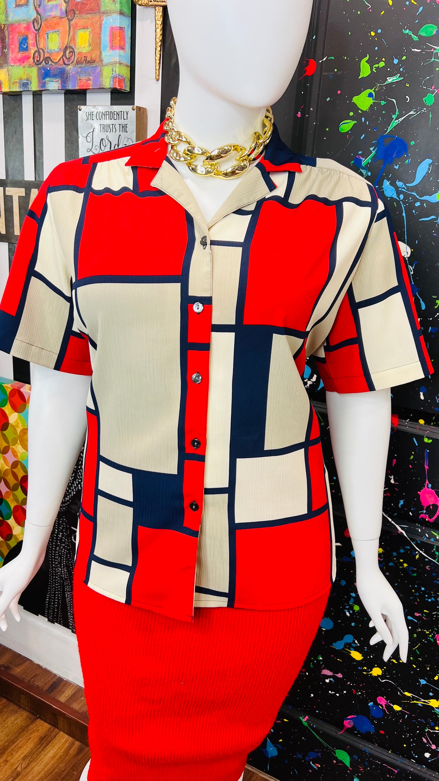 Vintage Navy Blue, Red & Cream Block Blouse (18W)