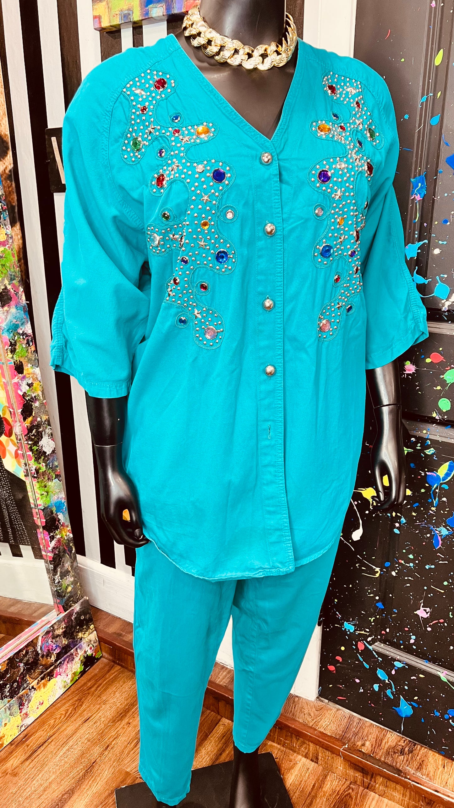 Vintage Teal Denim Jewel & Studds Pants Set (22/24)