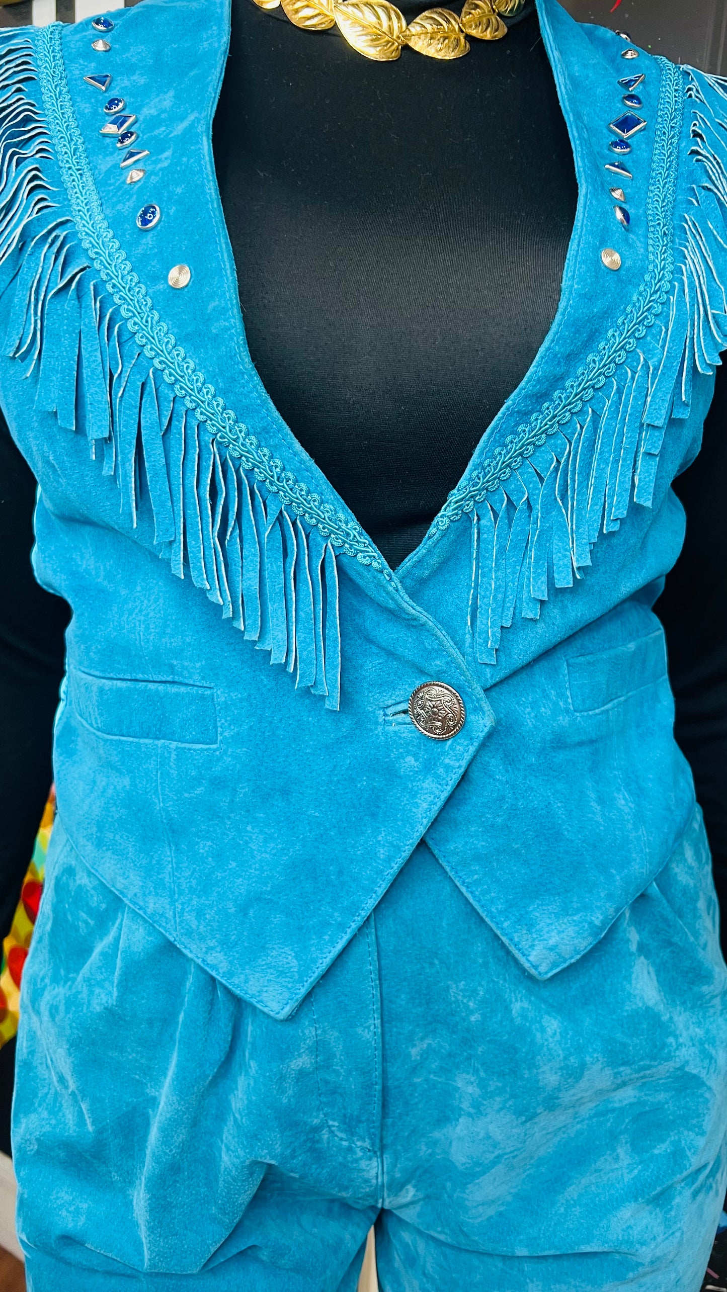 Vintage Suede Leather Fringe & Jewel Short Set (12/14)