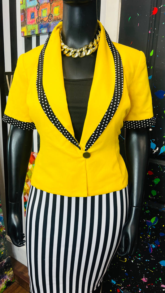 Vintage Single Button Polka Dot & Yellow Short Sleeve Blazer(12)