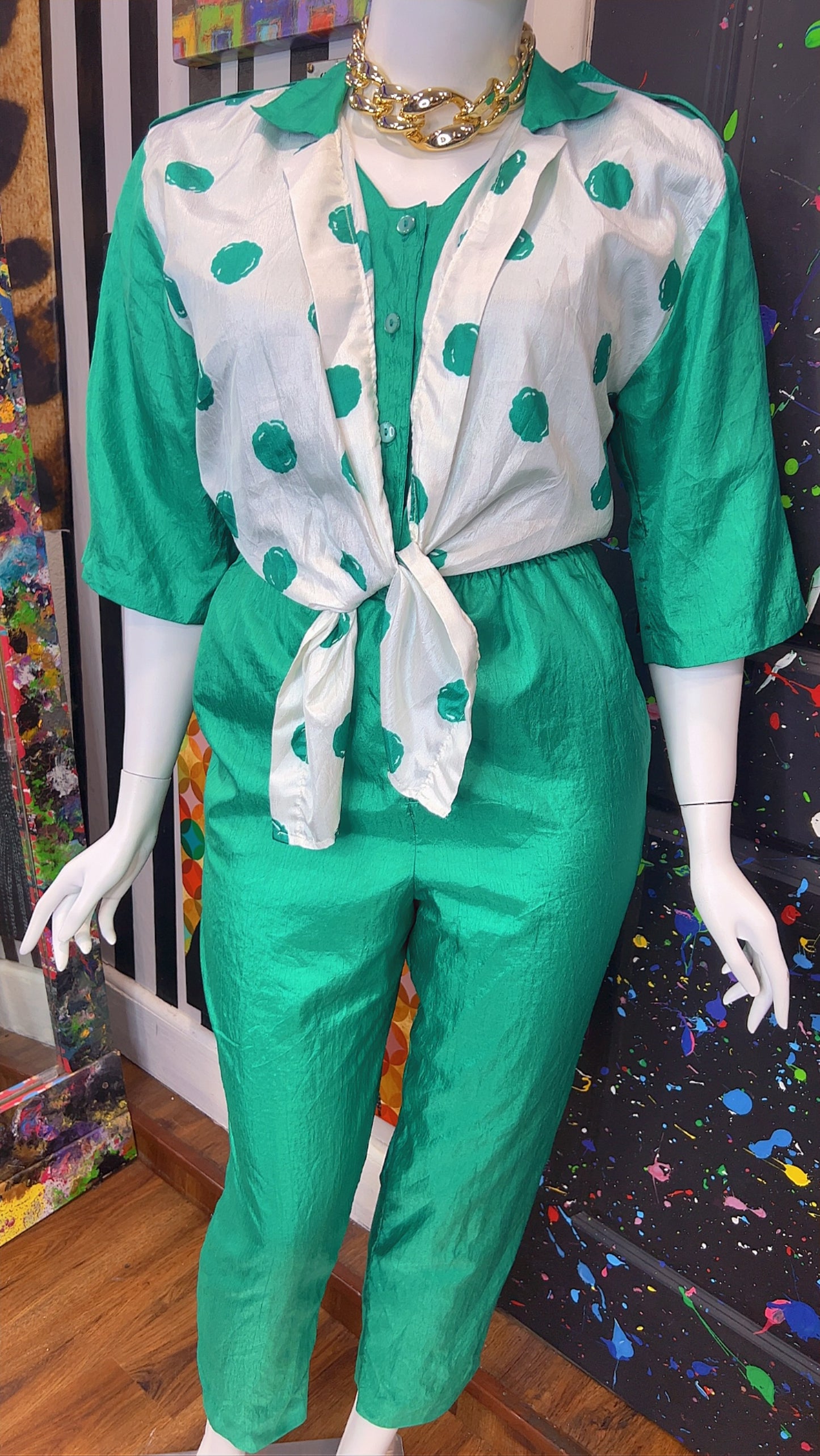 Vintage Green Jumpsuit w/ White & Green Polka Dots (14W)