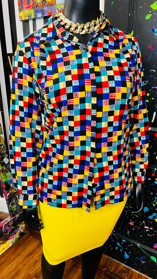 Vintage Abstract Color Block Blouse (20)