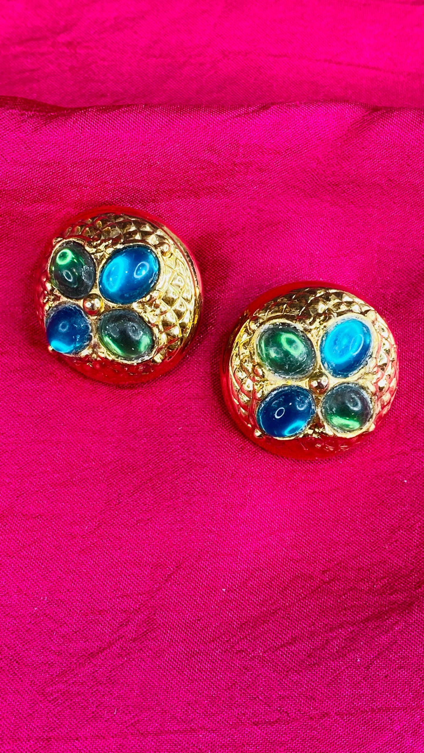 Gold with turquoise and green jewels clip on earrings