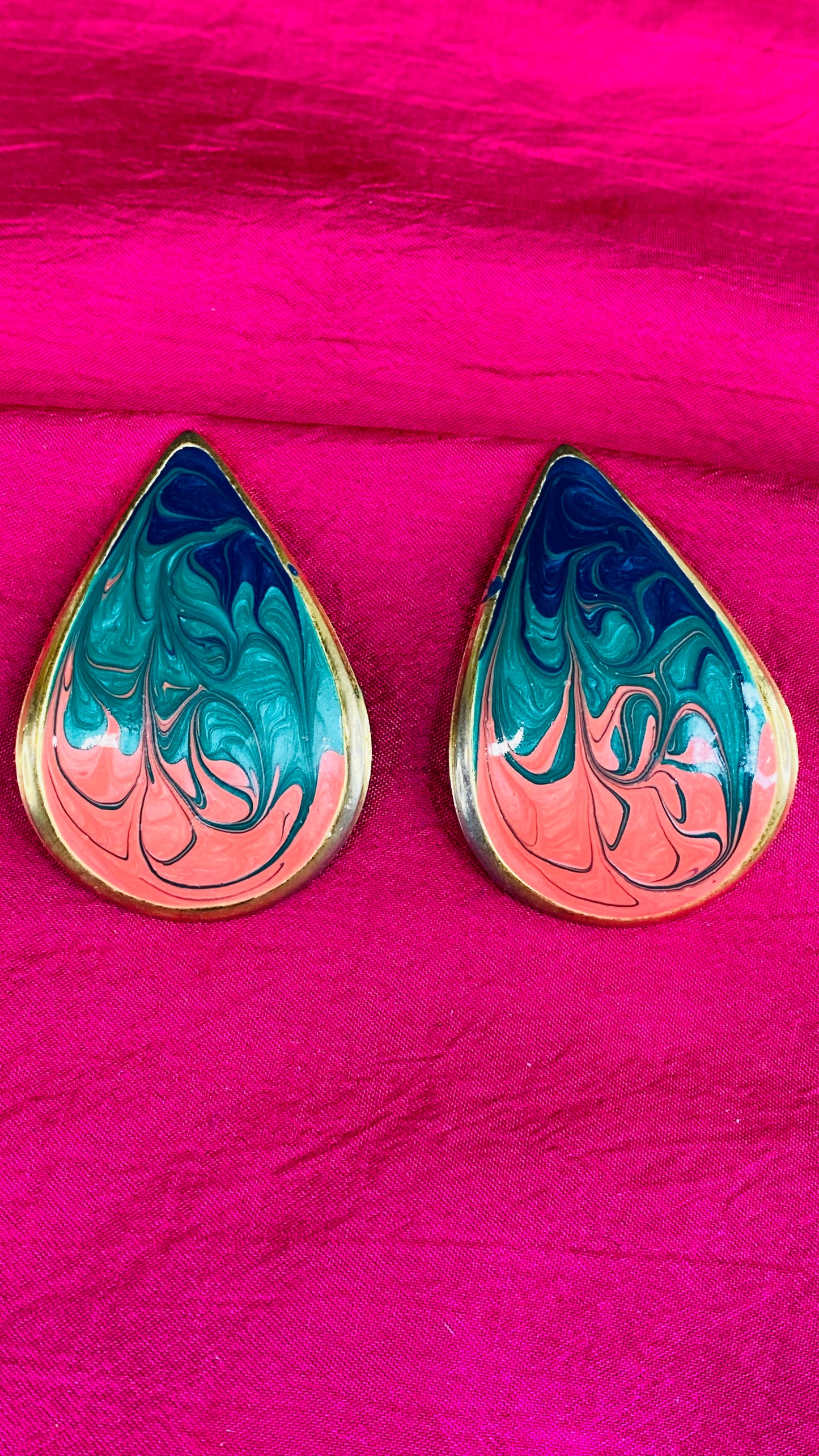 Vintage Gold Pink Green & Blue clip on earrings