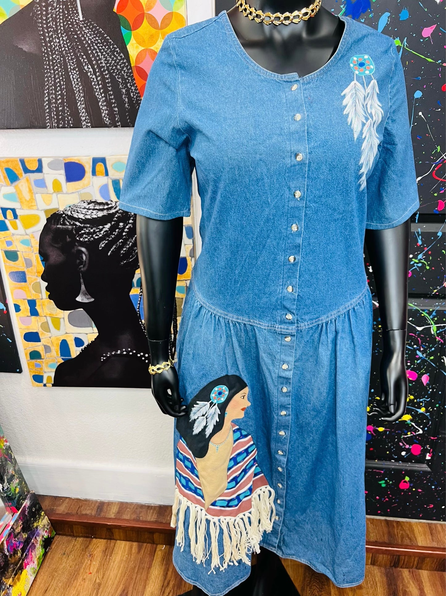 Vintage Denim Hand-painted Dress