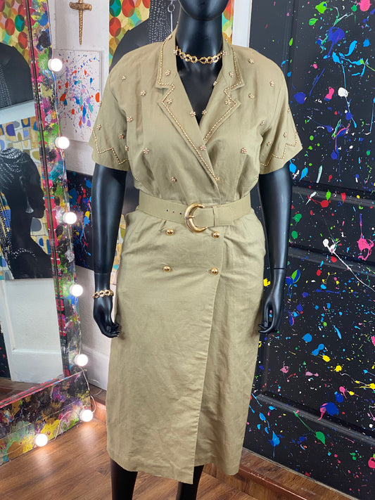 Vintage Studded Khaki Dress