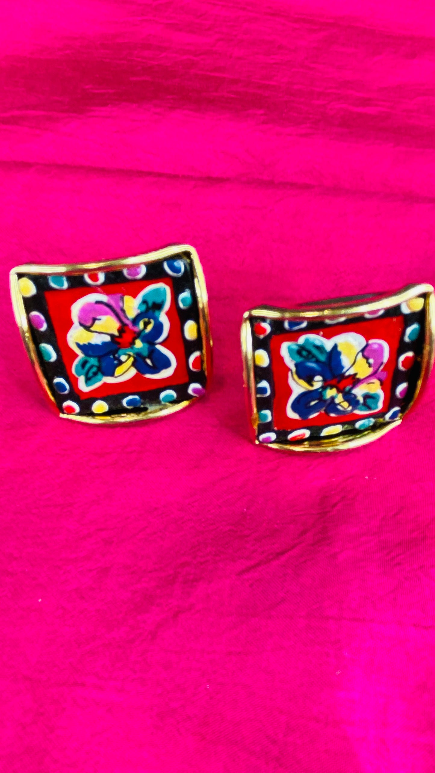 Gold & Colorful flower clip on earrings