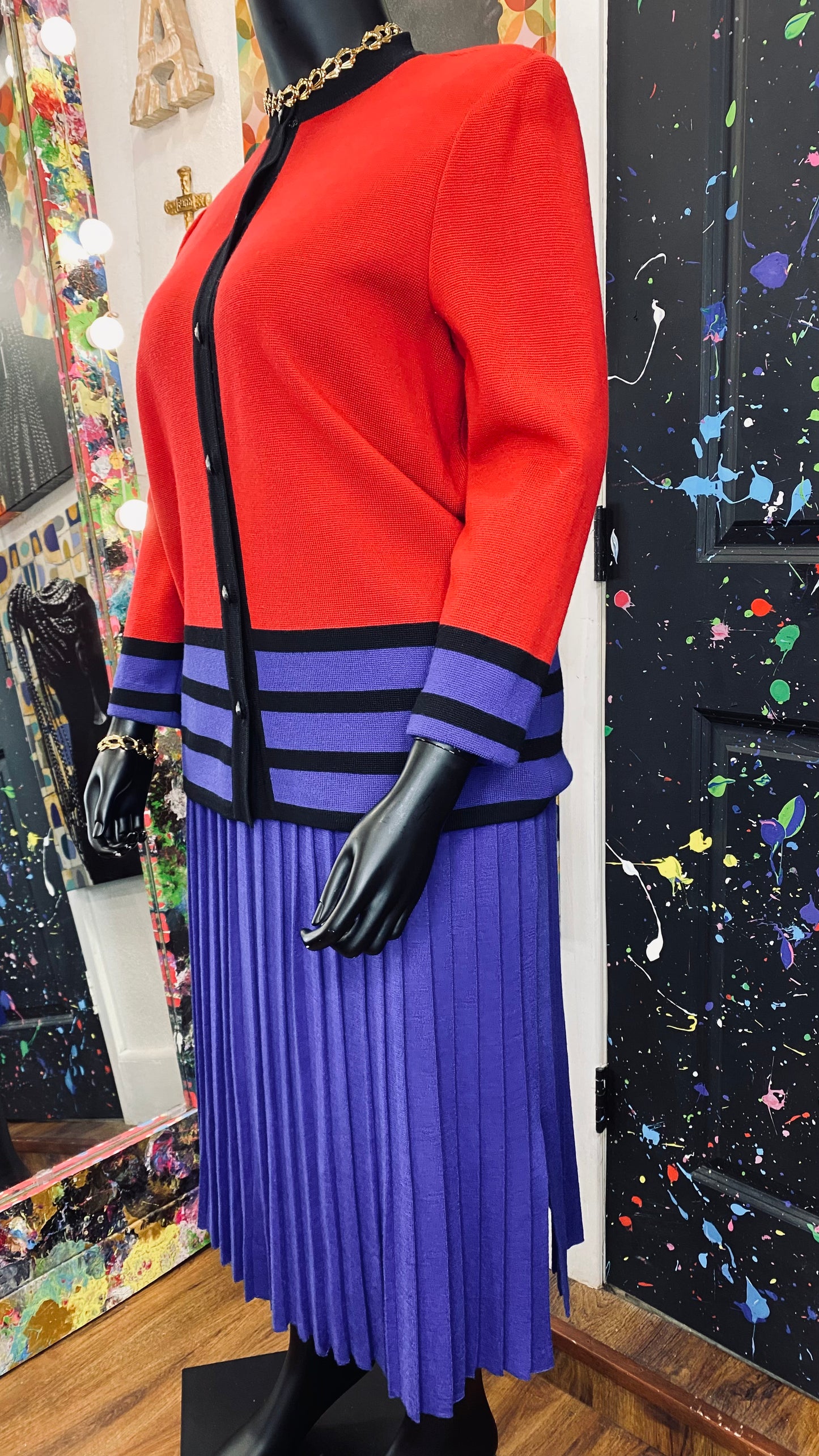 Vintage Color block Knit Pleated Skirt Set (18)