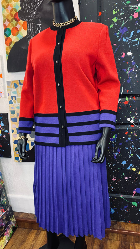 Vintage Color block Knit Pleated Skirt Set (18)