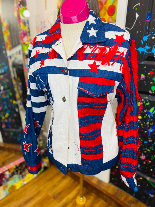 Vintage Sandy Starkman American Flag Denim Jacket (16)